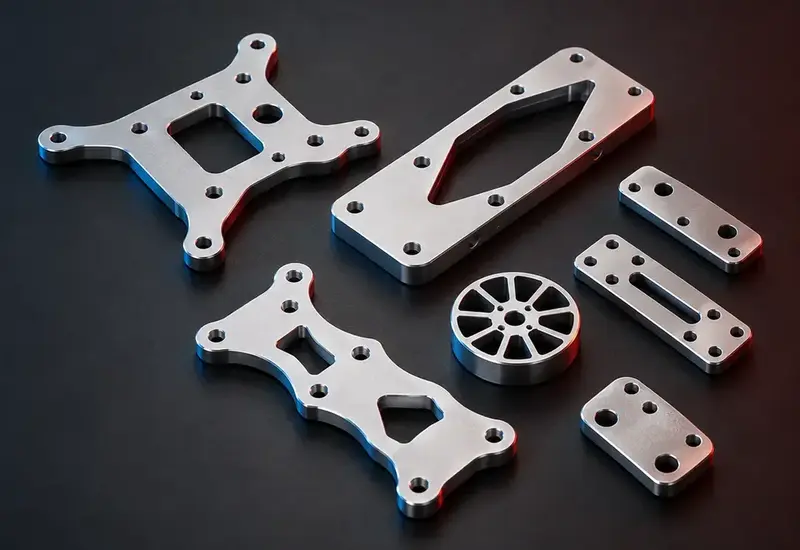 Machined aluminium drone frame parts: centre plates, side plates and a spoked motor-mount pad