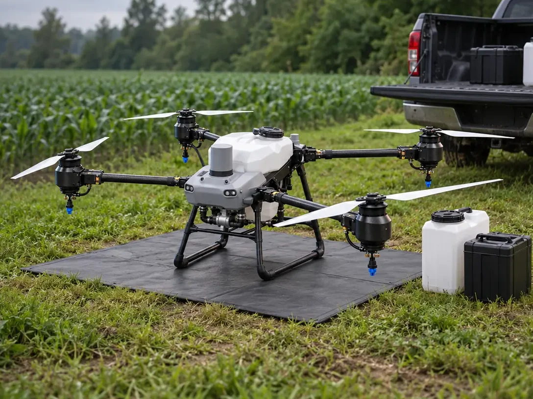Agricultural spraying drone on a landing mat at the edge of a maize field