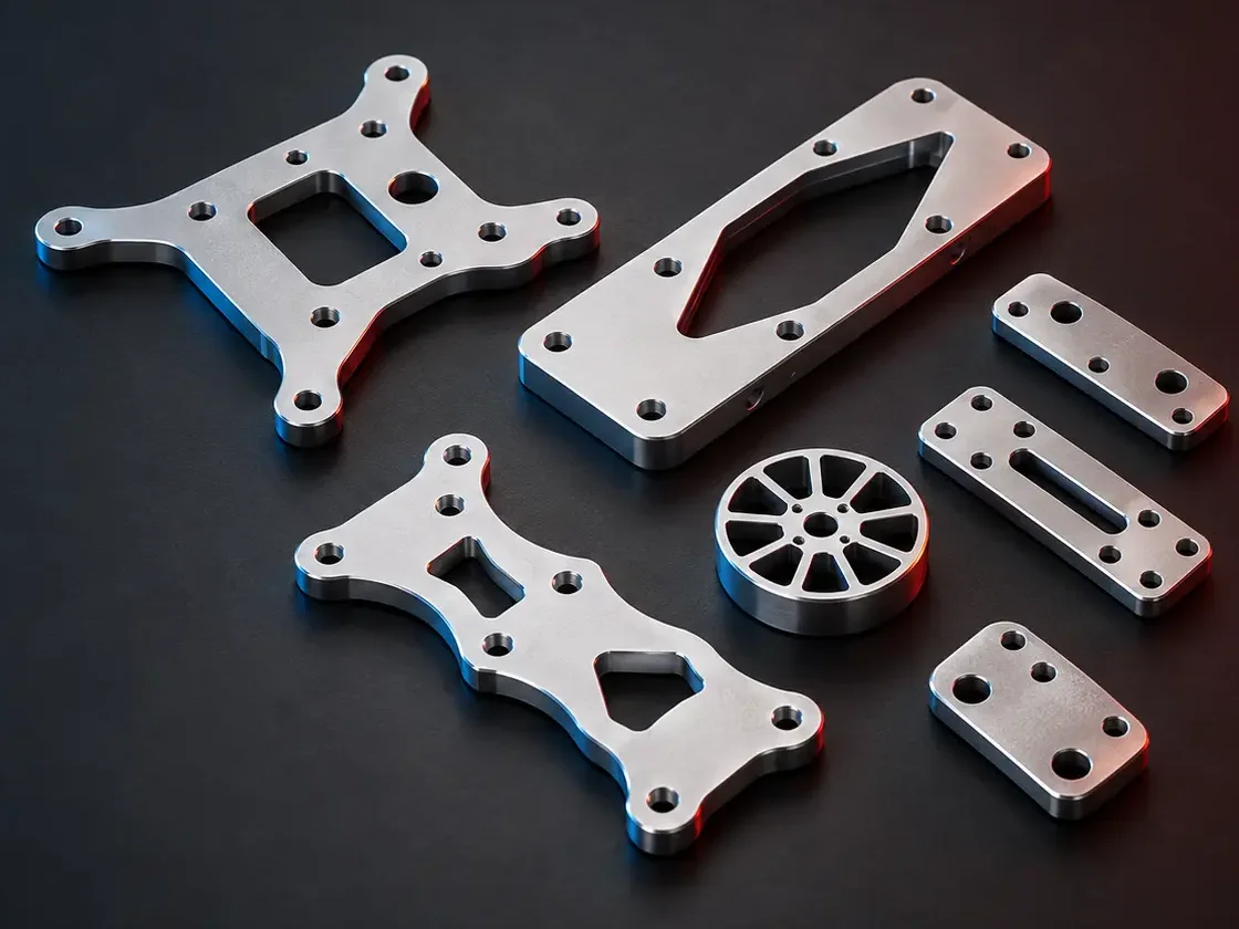 Machined aluminium centre plates, motor mount and brackets of a drone frame
