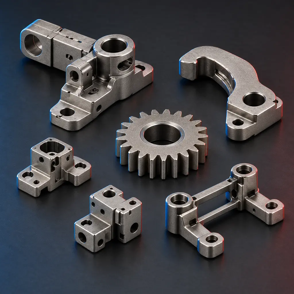 MIM folding hinge, latch hook, micro gear and gimbal bracket for drone mechanisms